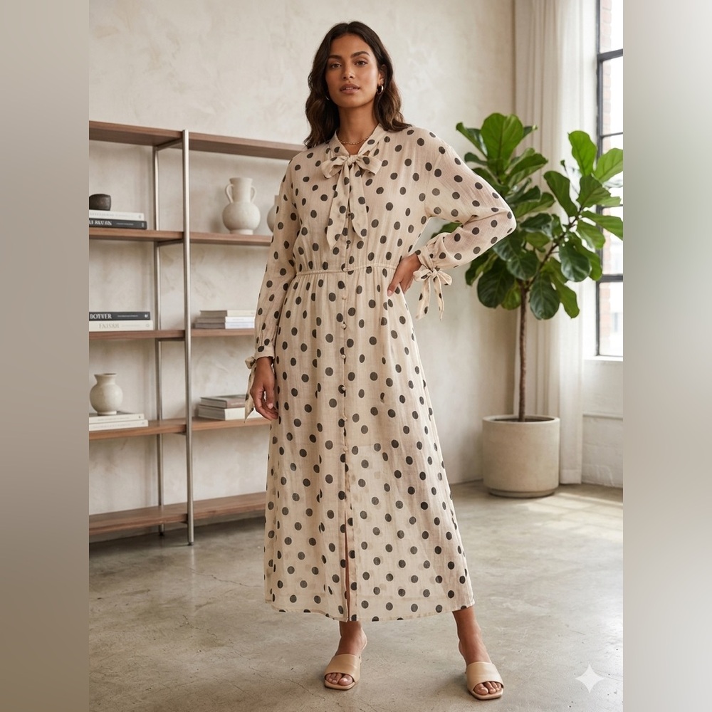 Nanushka Beige Polka Dot Tie-Neck Maxi Dress